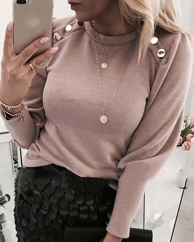 

Round Neck Buttoned Long Sleeve Casual Sweatshirt, Pink