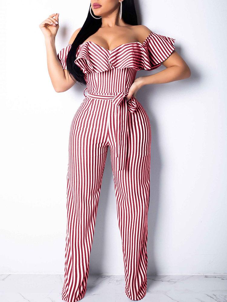 

Off Shoulder Striped Ruffles Design Jumpsuit, Red