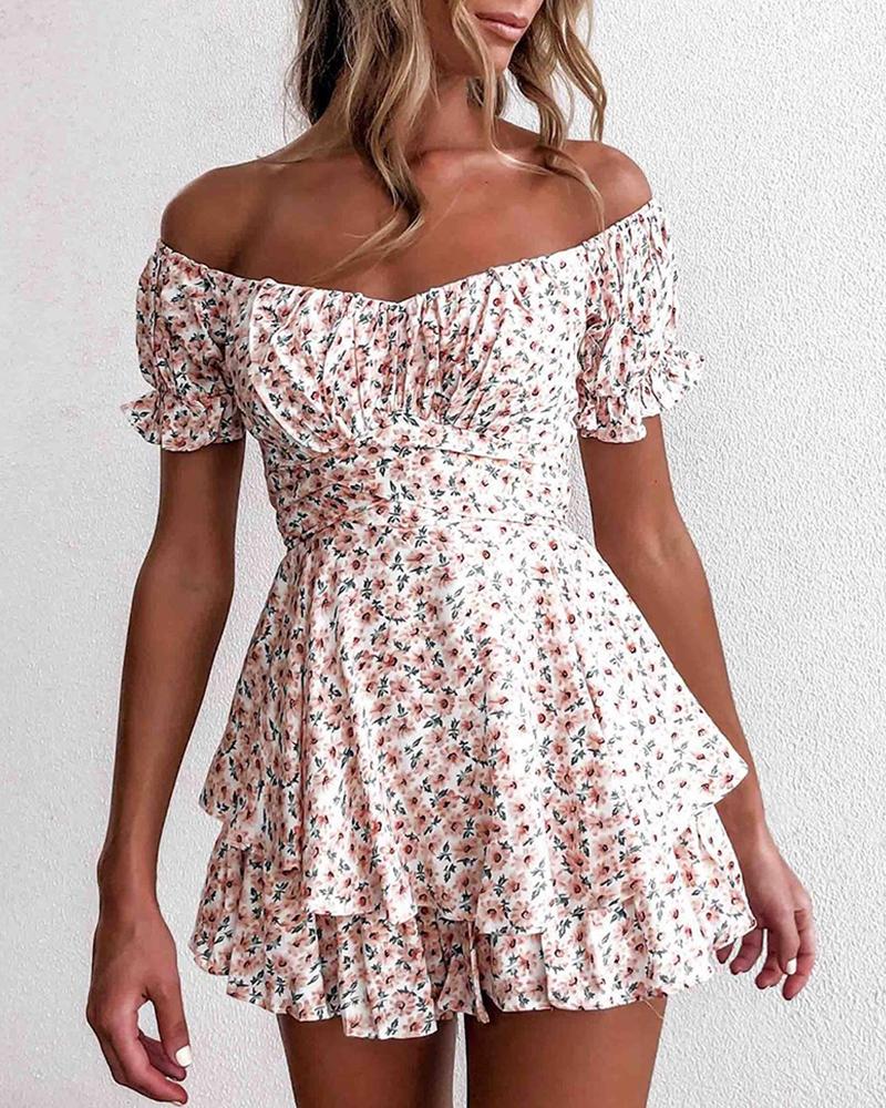 

Floral Print Off Shoulder Frill Hem Tiered Dress, Pink