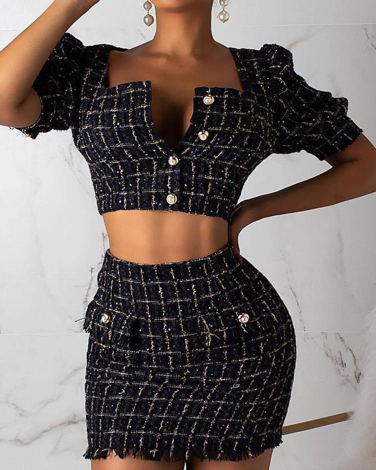 

Button Detail Crop Top & Frayed Skirt Tweed Sets, Black
