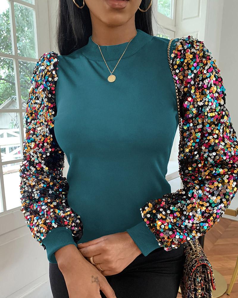 

Mock Neck Lantern Sleeve Sequins Colorblock Insert Blouse, Green