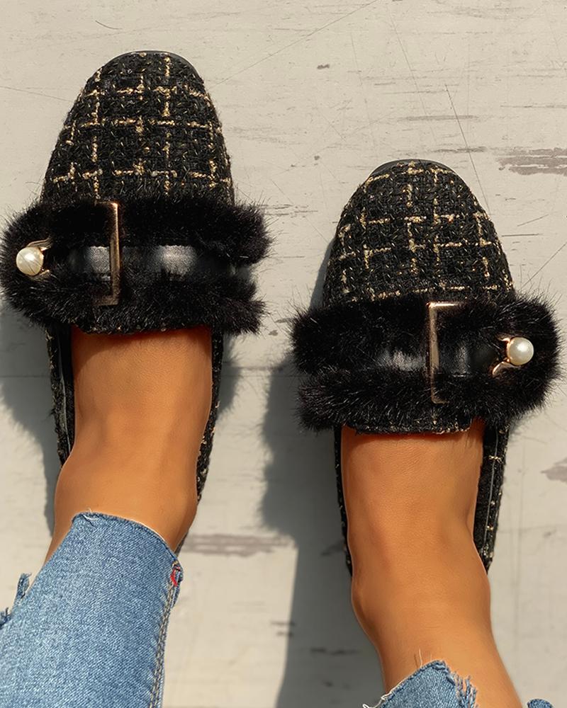 

Fluffy Beaded Detail Flat Shoes, Black
