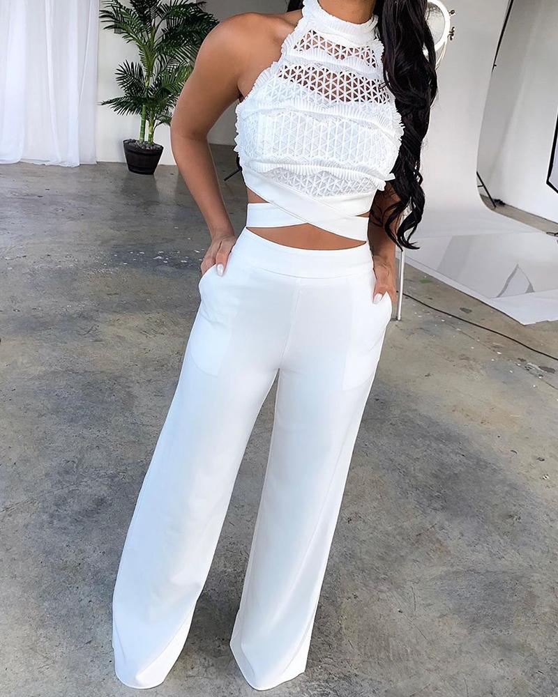 

Bandage Lace Top + Flare Pants Set, White