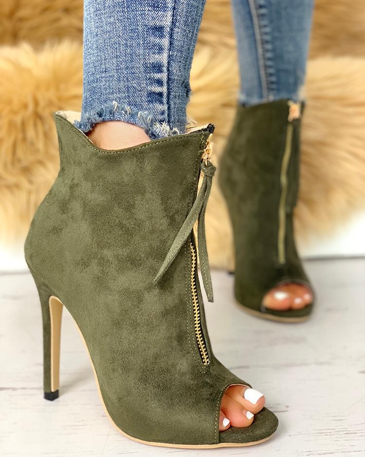 

Peep Toe Zipper Design Thin Heeled Boot, Army green