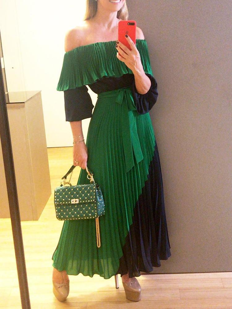 

Contrast Color Splicing Off Shoulder Pleated Dress