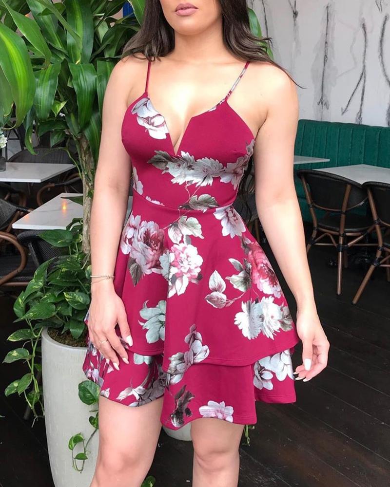 

Floral Print Tight Waist Backless Pleated Dress, Red