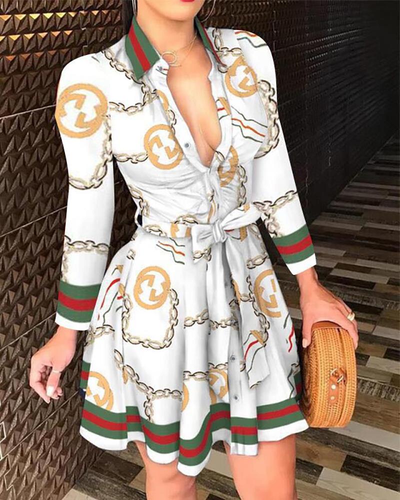 

Mixed Print Buttoned Long Sleeve Ruffles Dress, White
