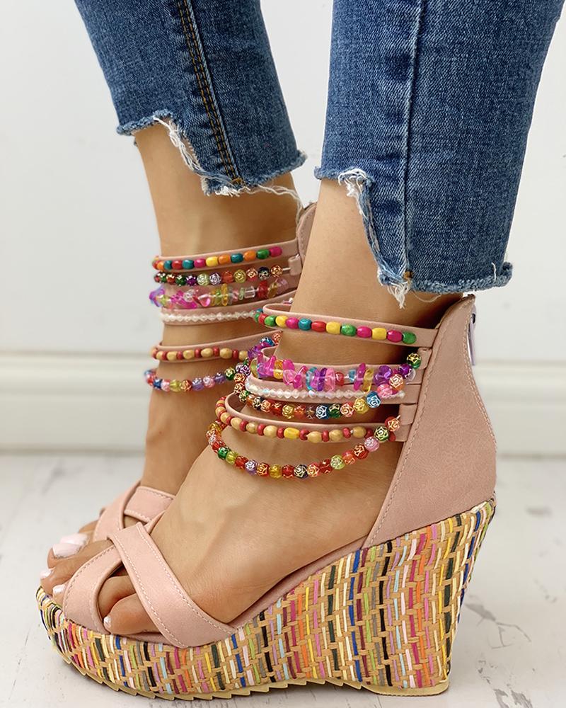 

Colorful Beaded Platform Wedge Sandals, Pink