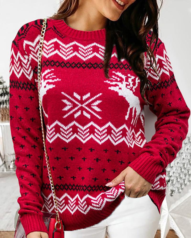 

Christmas Moose Print Colorblock Knit Ugly Sweater, Red
