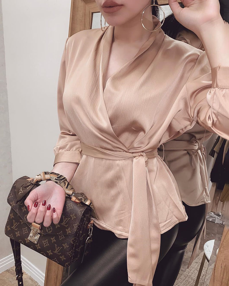 

Long Sleeve V-Neck Wrap Belted Blouse