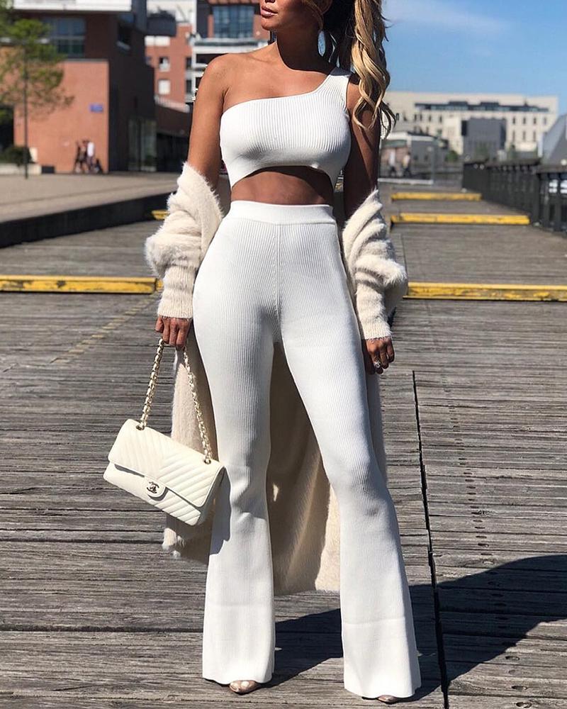 

Ribbed One Shoulder Crop Top & Pants, White
