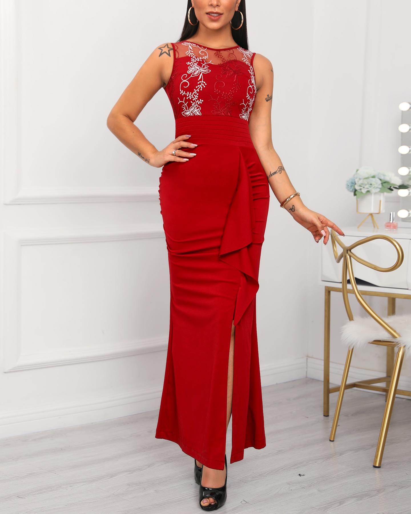 

Sleeveless Lace Embroidery Ruffles Slit Evening Dress, Red