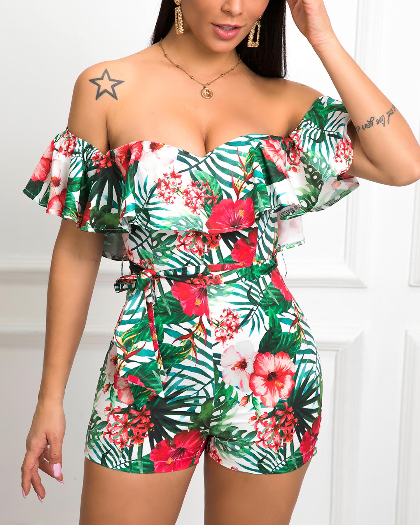 

Off Shoulder Tropical Print Romper, Multicolor