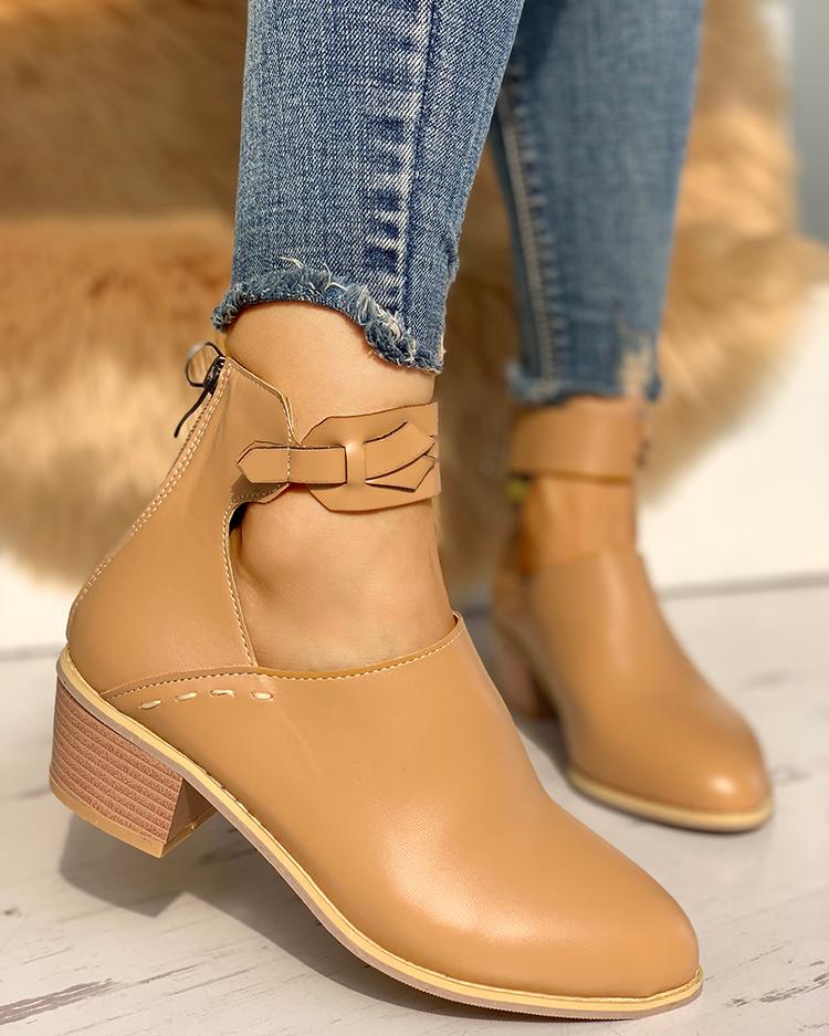 

Ankle Strap Cut Out Pointed Toe Boots, Apricot