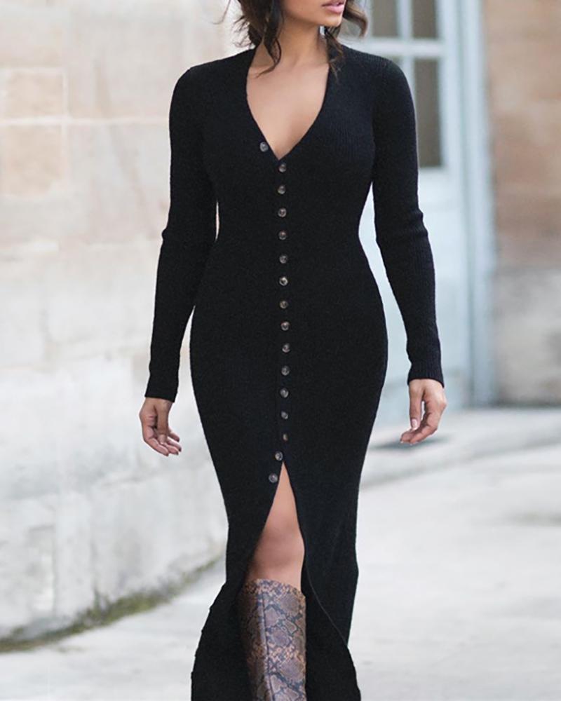 

Button-down Slit Ribbed Midi Dress, Black