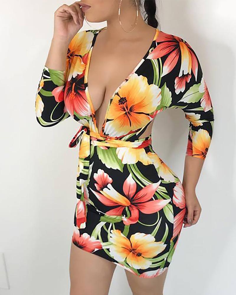 

Floral Print Plunge Backless Bodycon Dress, Multicolor