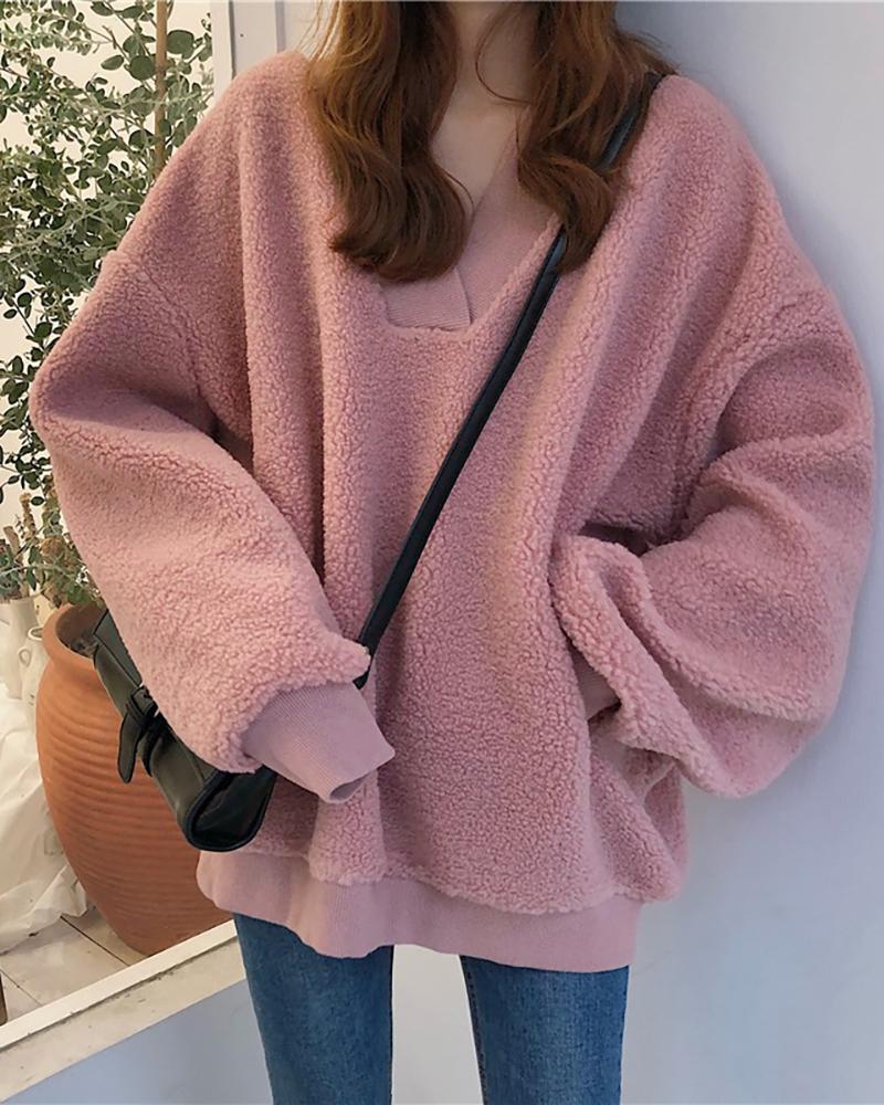 

V-neck Solid Fluffy Sweatshirt, Pink