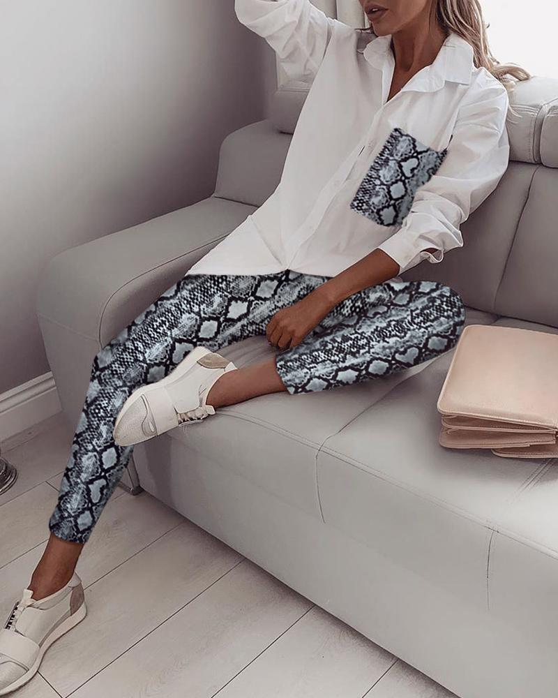 

Turn-down Collar Snakeskin Shirt & Pants Sets, Blue