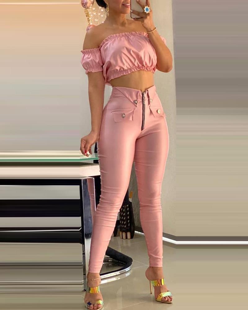 

Off Shoulder PU Leather Crop Top & Zipper Design Pants Set, Pink