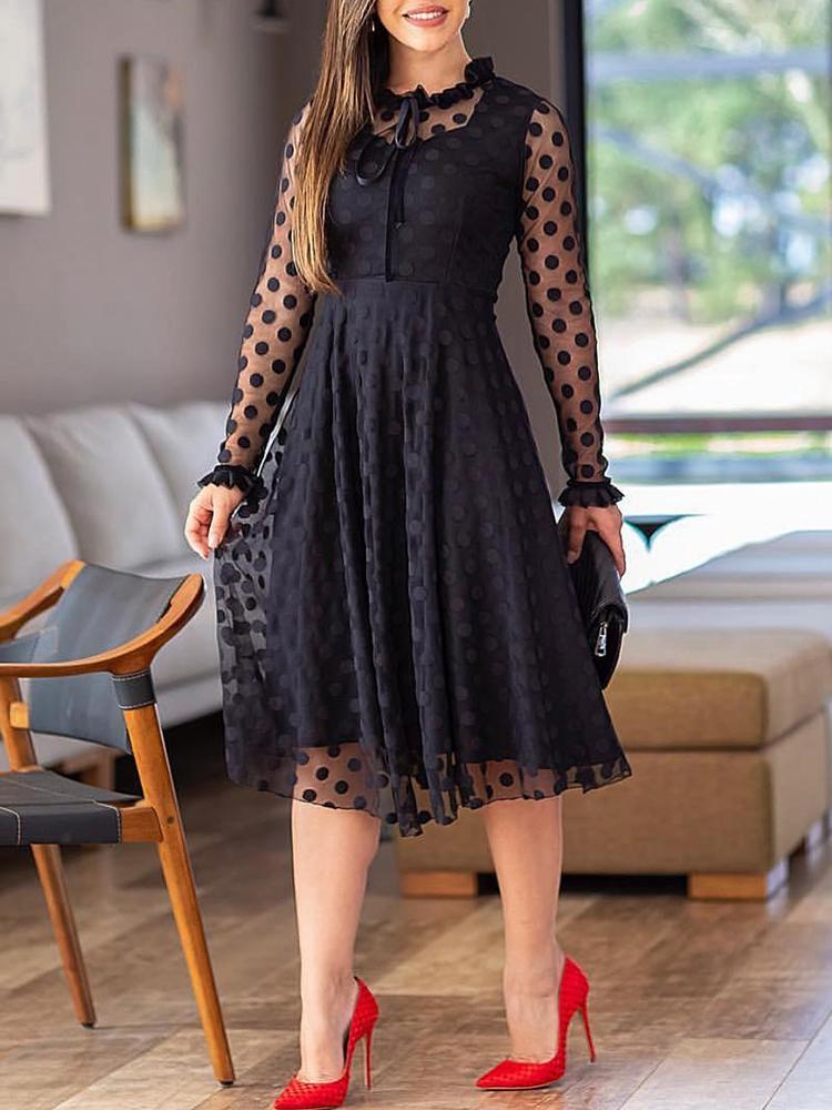 

Polka Dot Sheer Mesh Long Sleeve Dress, Black