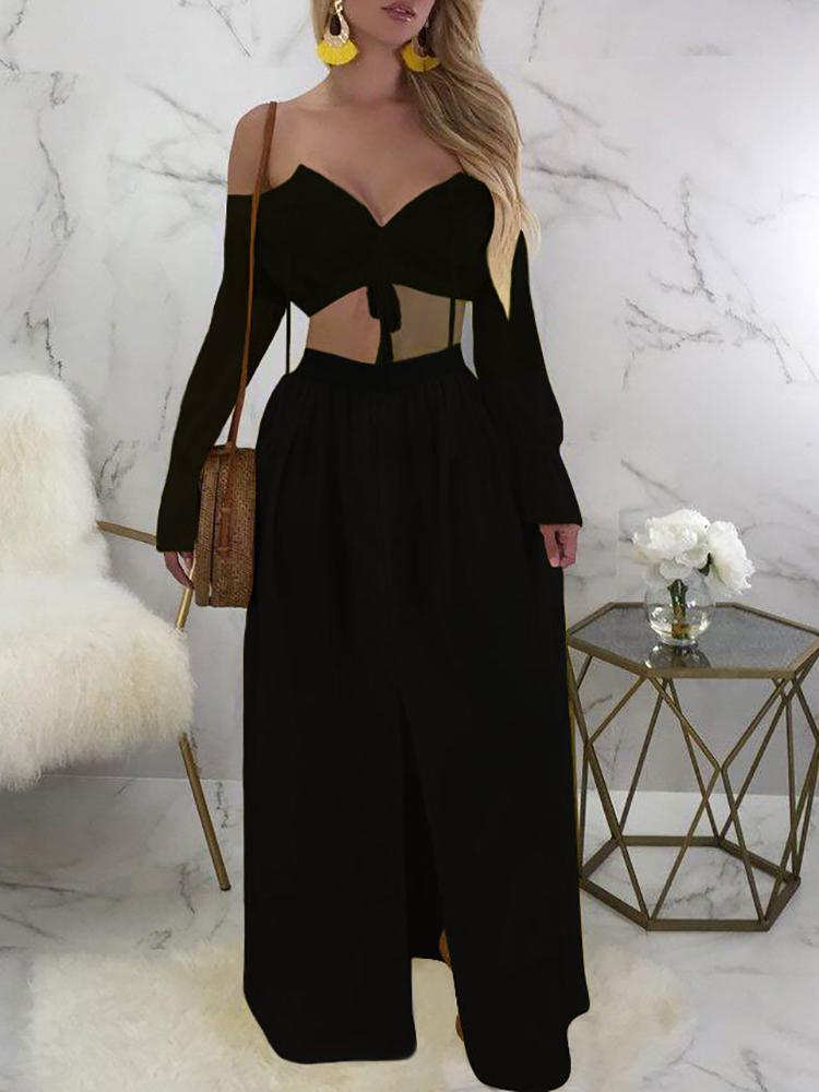 

Solid Off Shoulder Top With Maxi Skirt Sets, Black