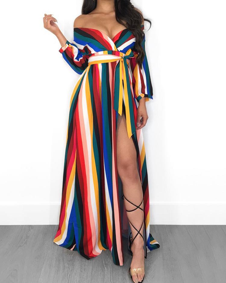 

Colorful Stripes Off Shoulder High Slit Dress, Multicolor