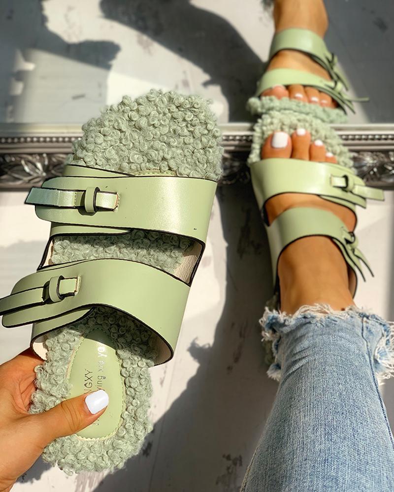 

Fluffy Patchwork Buckled Flat Sandals, Green