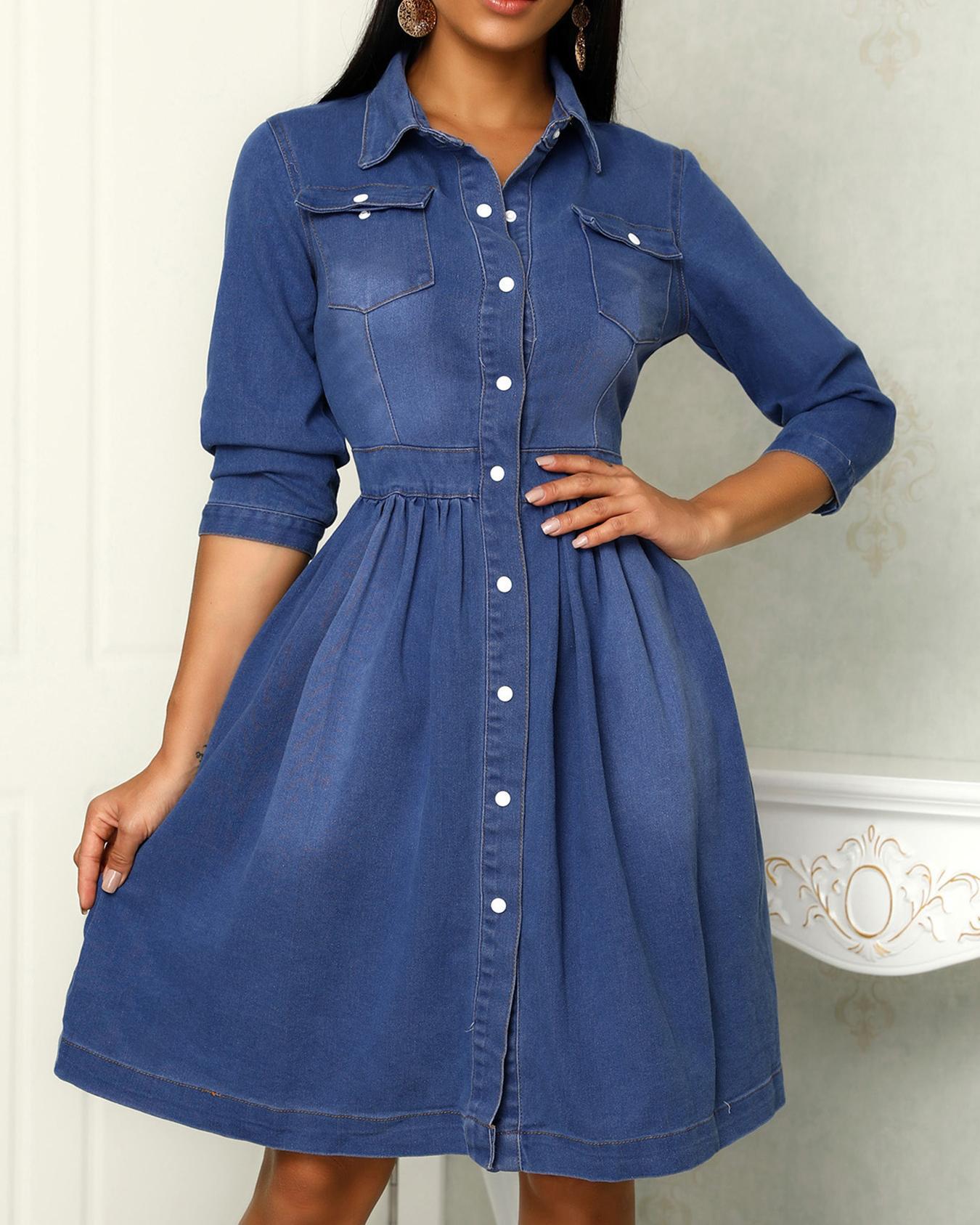 

Denim Button Through Pocket Pleated Dress, Blue