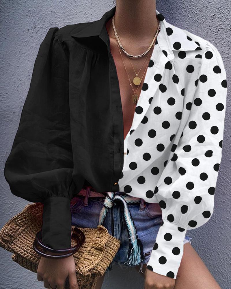 

Colorblock Dot Print Lantern Sleeve Shirt, Black