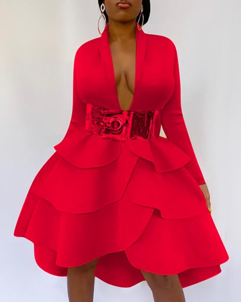 

Solid Deep V Neck Layered Ruffles Dress, Red