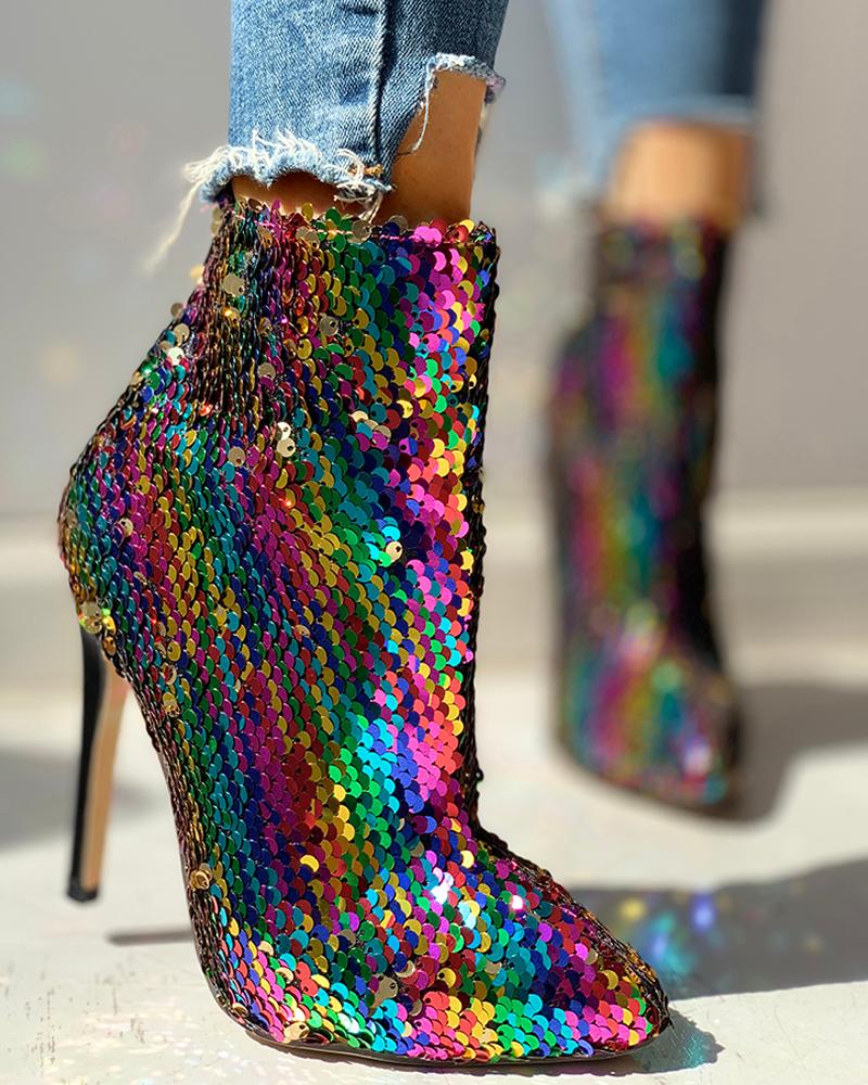

Colorful Sequins Design Thin Heels Boots, Blue