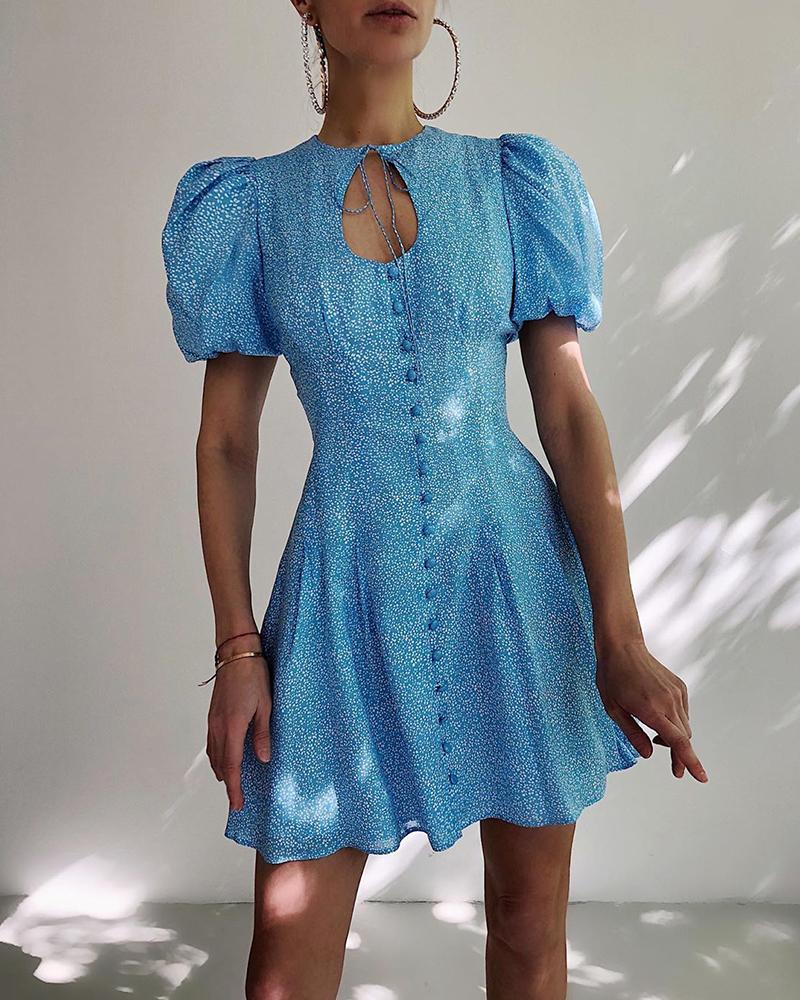 

Floral Keyhole Button Detail Mini Dress, Blue