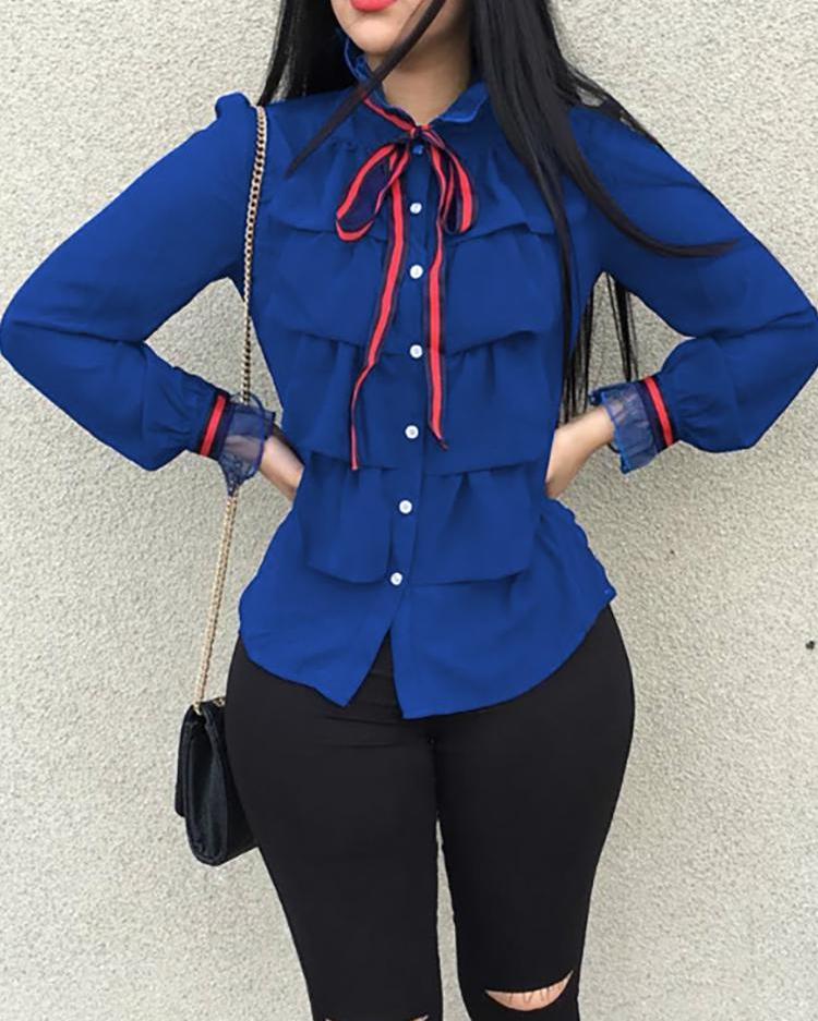 

Ruffles Design Long Sleeve Casual Shirt, Dark blue
