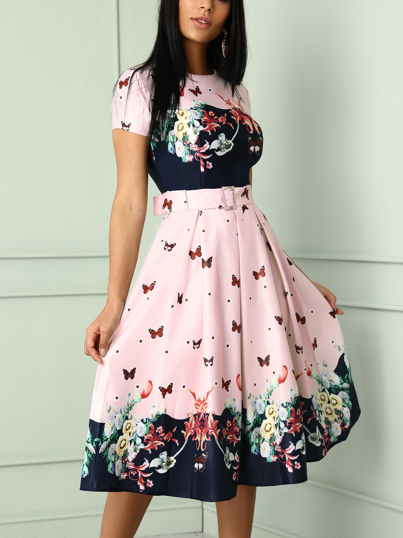 

Butterfly Print Short Sleeve Belted Pleated Dress