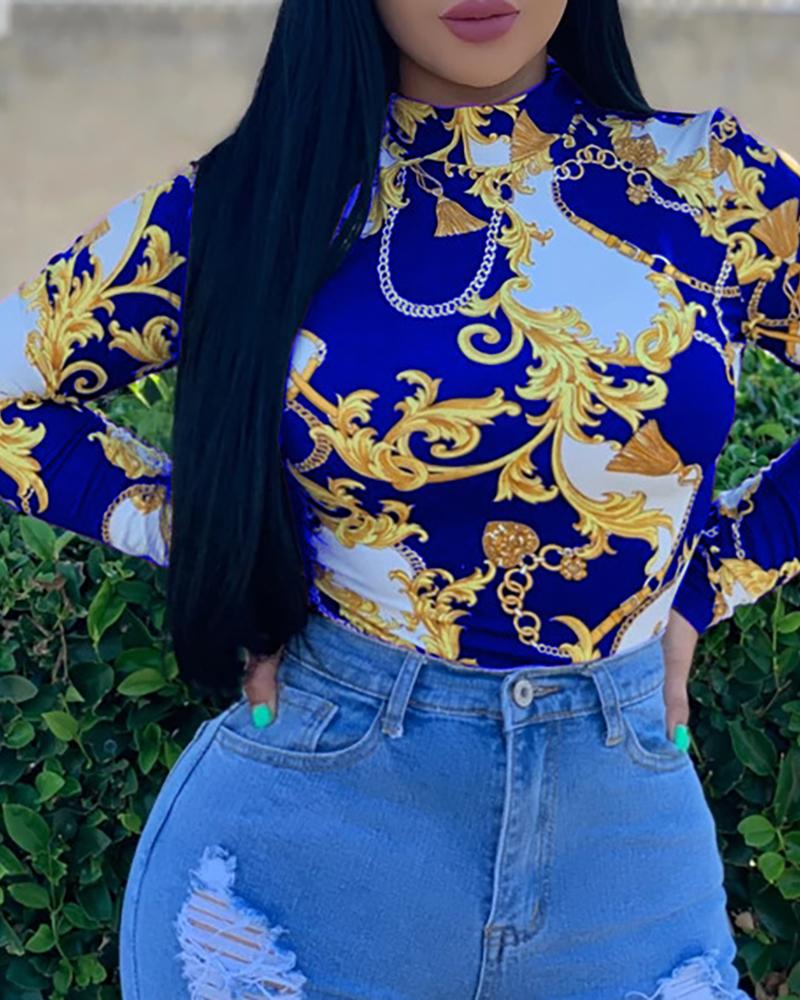 

Retro Print Long Sleeve Blouse, Blue