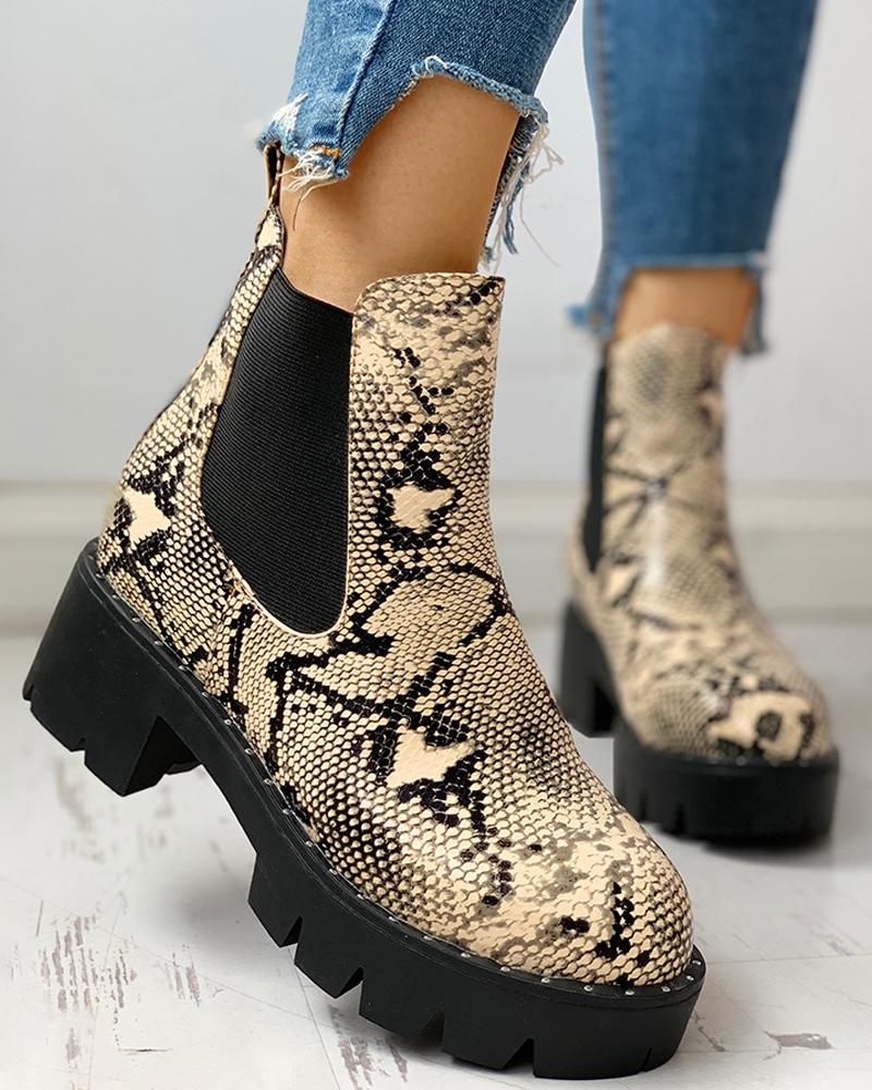 

Colorblock Snakeskin Chunky Heeled PU Boots