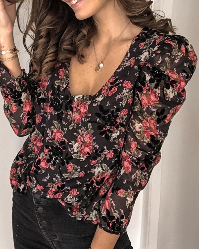 

Floral Print Puff Sleeve Casual Blouse, Black