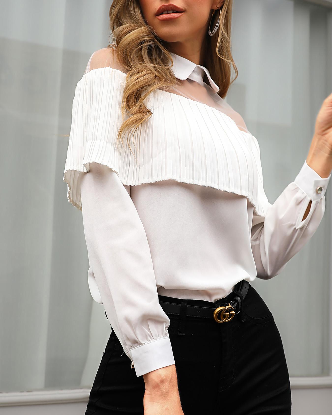 

Sheer Mesh Insert Long Sleeve Blouse, White