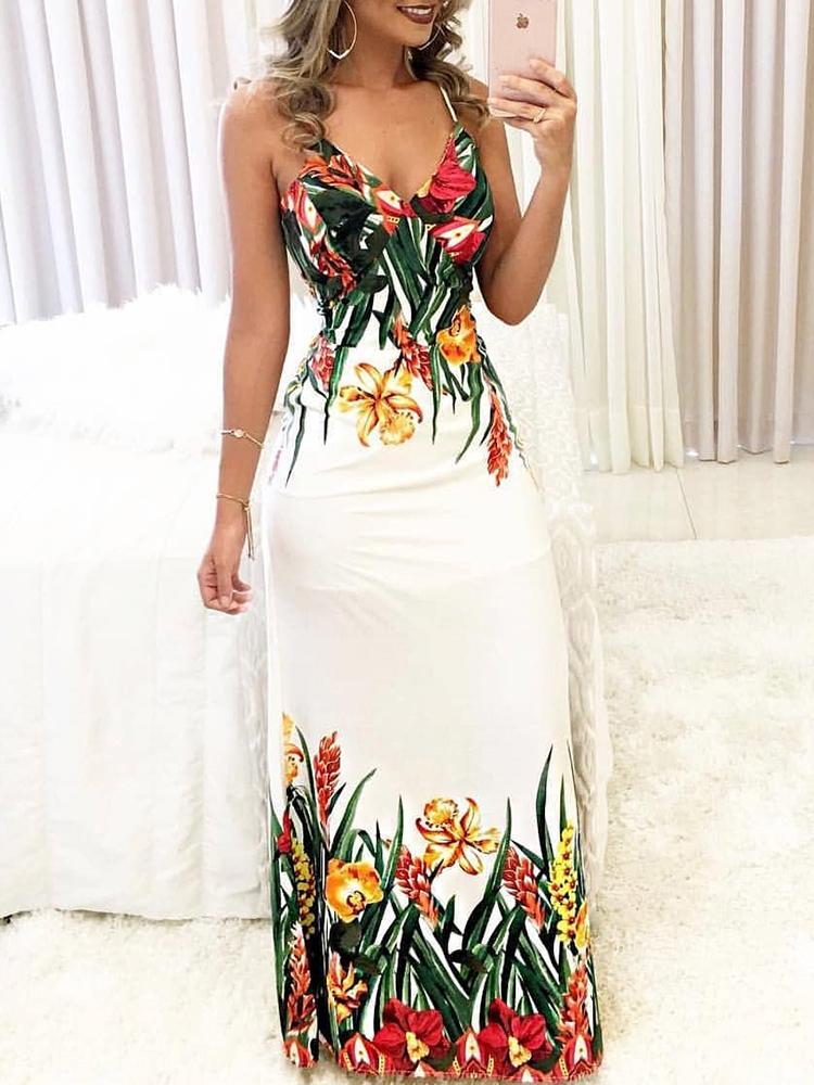 

Floral Print Deep V Slip Maxi Dress, White