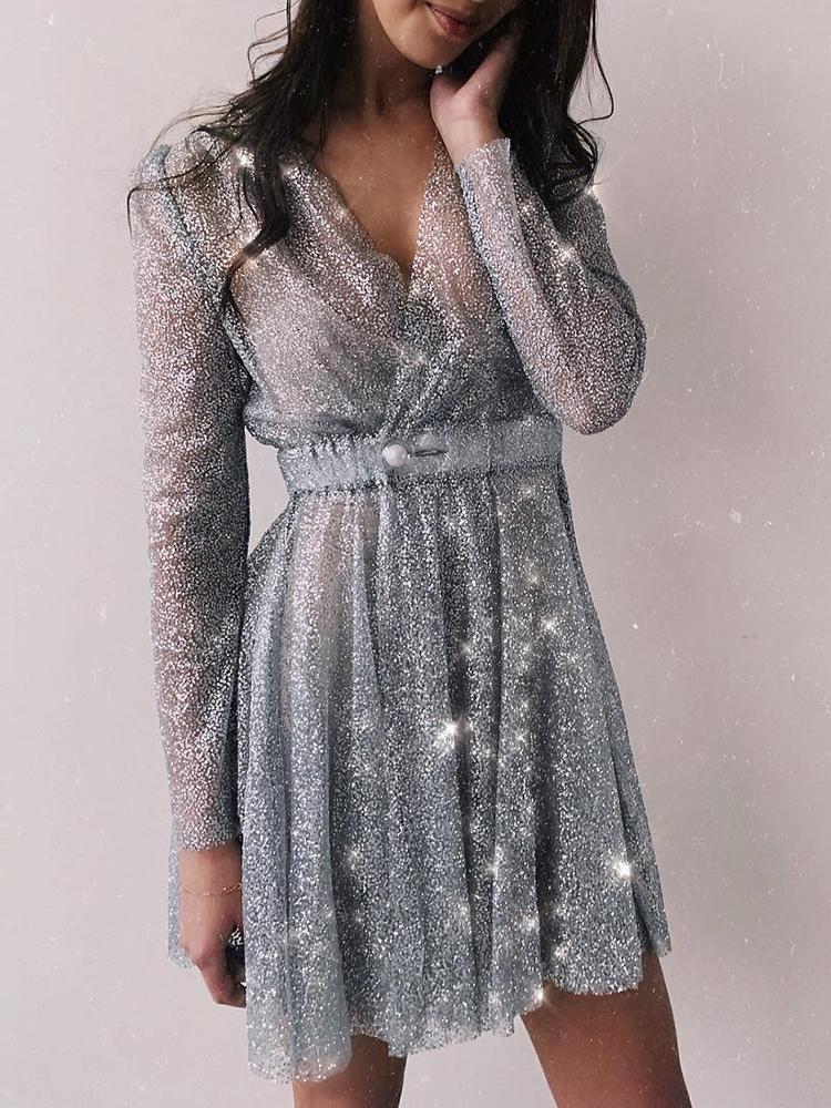 

Long Sleeve Pleated Mesh Dress, Light gray