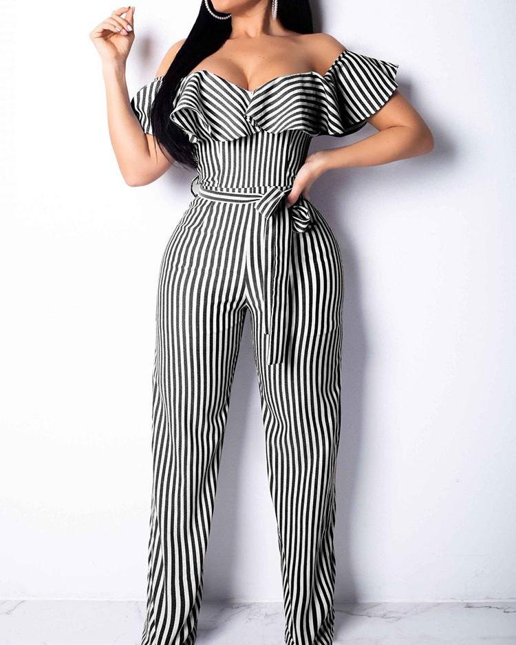 

Off Shoulder Striped Ruffles Design Jumpsuit