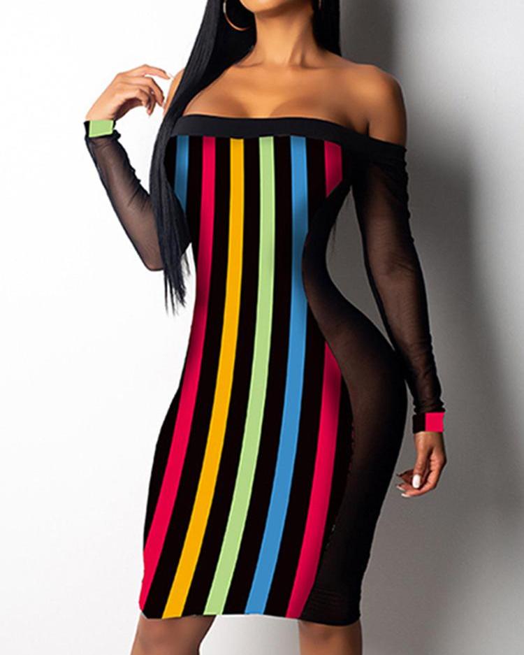 

Colorful Stripes Sheer Mesh Splicing Dress, Multicolor