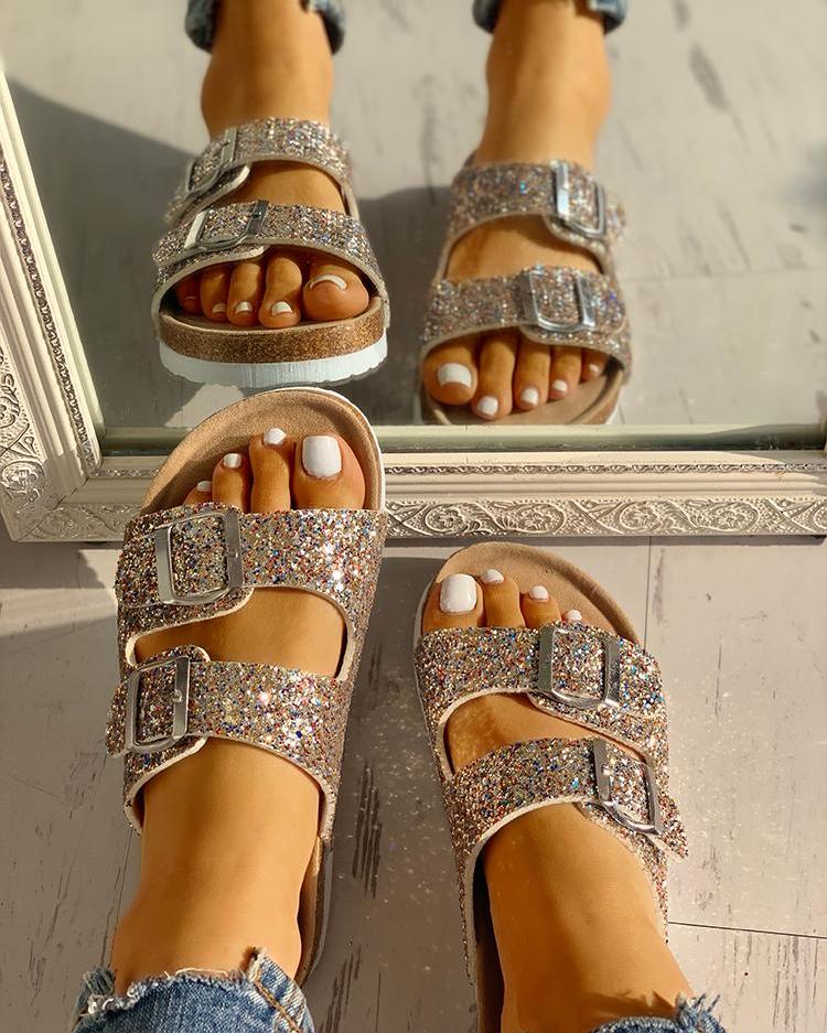 

Colorful Sequin Double Buckle Flat Sandals, Gold