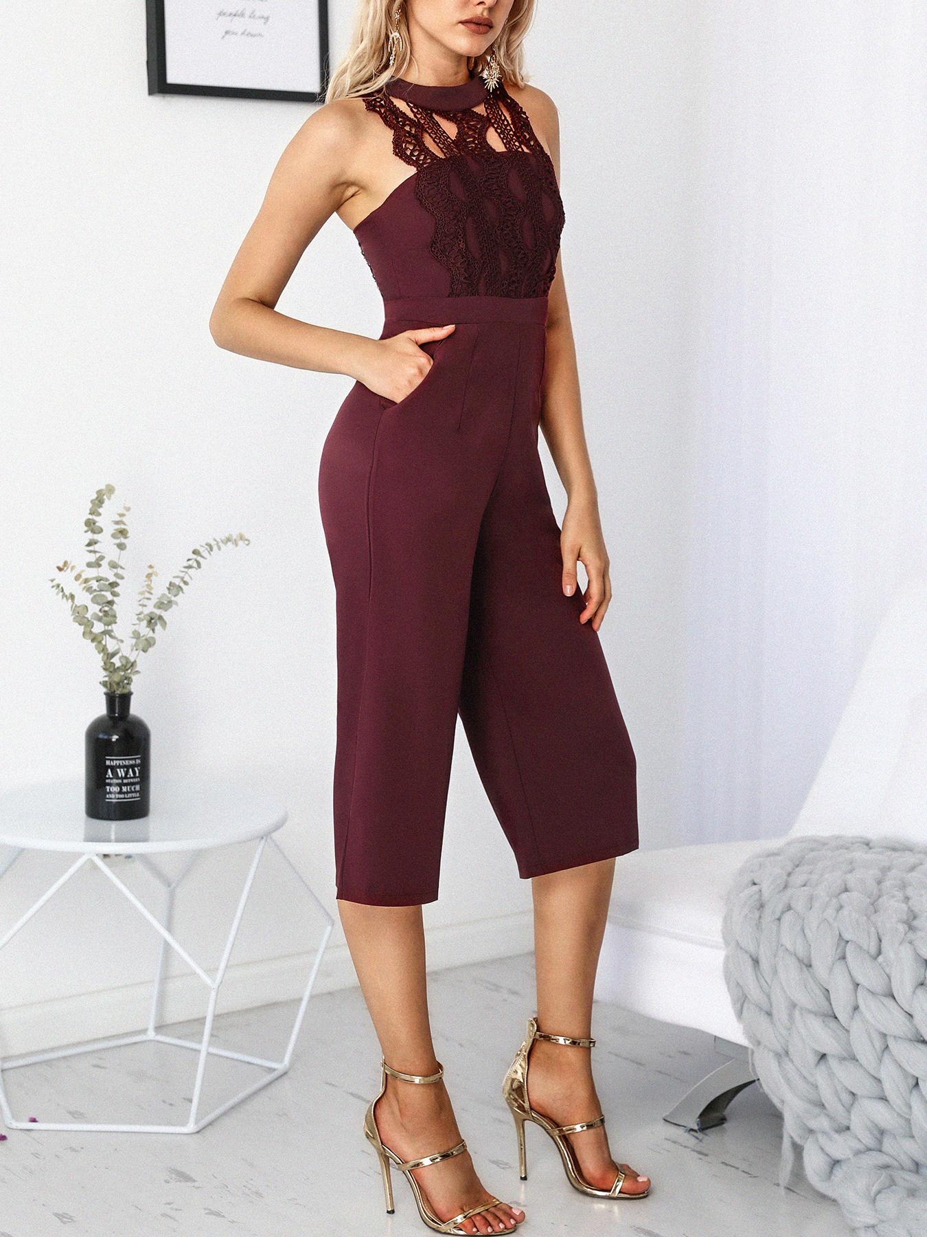 

Sexy Solid Lace Hollow Out Skinny Jumpsuit, Wine red