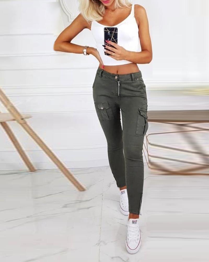 

Solid High Waist Pocket Design Slinky Pants
