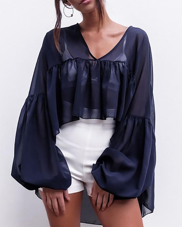 

Stylish V Neck Puff Sleeve Pleated Cover Ups, Dark blue