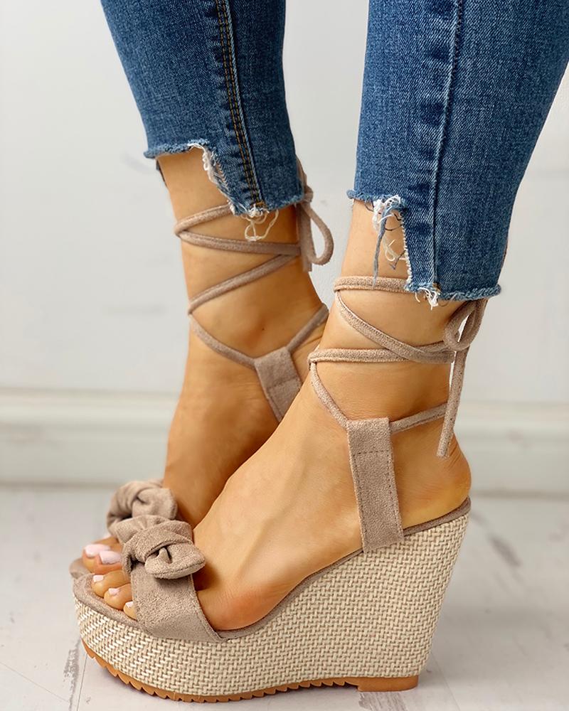 

Bowknot Lace-up Ankle Platform Wedge Sandals, Beige