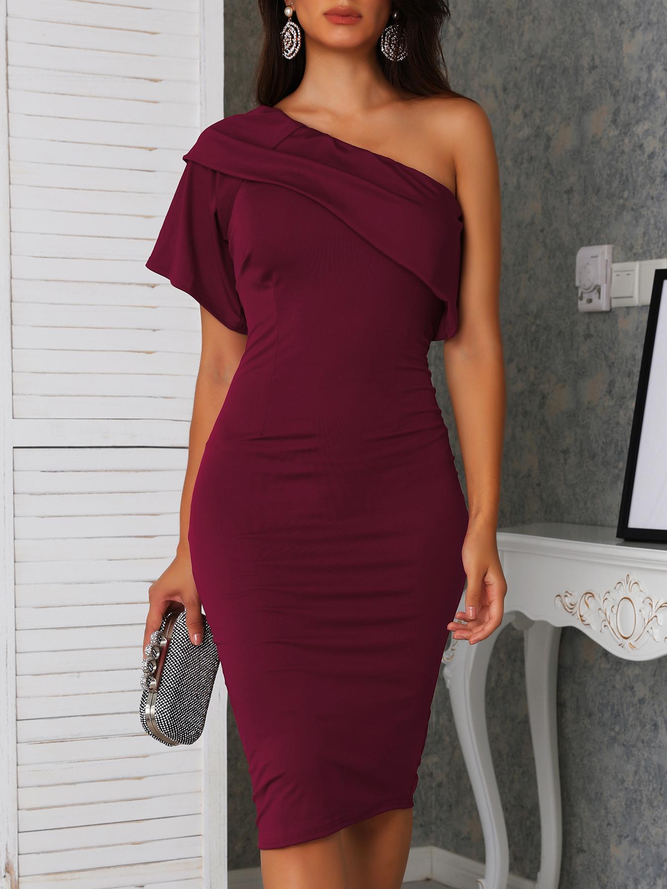 

One Shoulder Solid Ruffles Bodycon Dress, Wine red