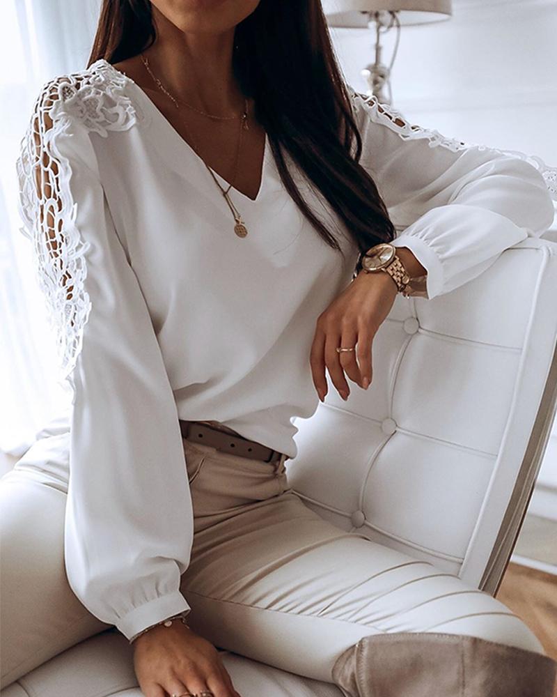 

V Neck Lace Cutout Top, White