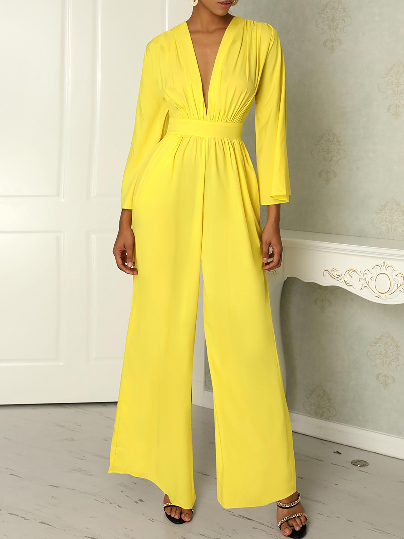 

Ruched Plunge Flared Sleeve Wide Leg Jumpsuit, Yellow